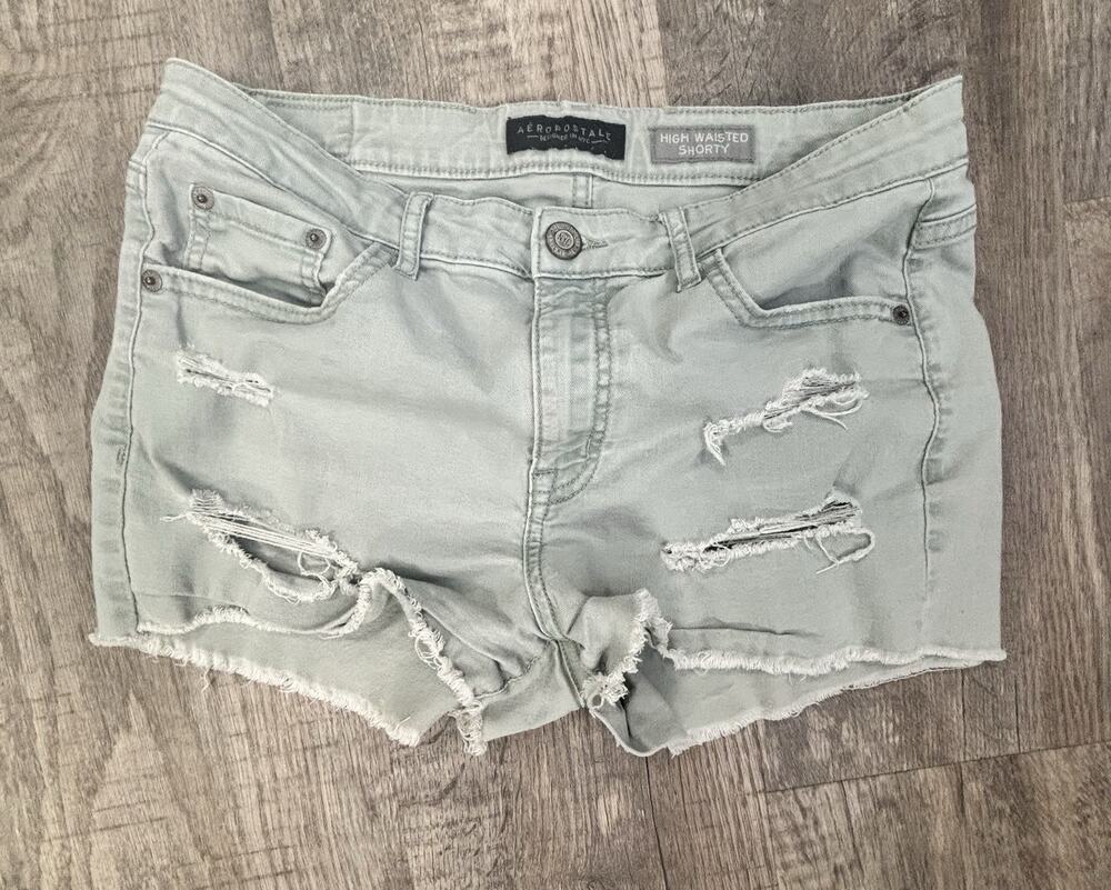 Aeropostale High Waisted Shorty Denim Shorts Size 10 Green Distressed Frayed Cut